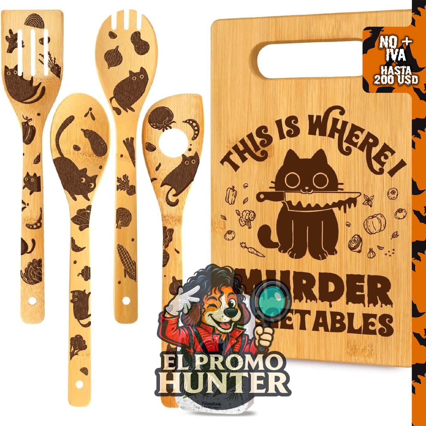 Juego de 6 utensilios de cocina con diseño de gato negro, incluye cucharas y esponja.