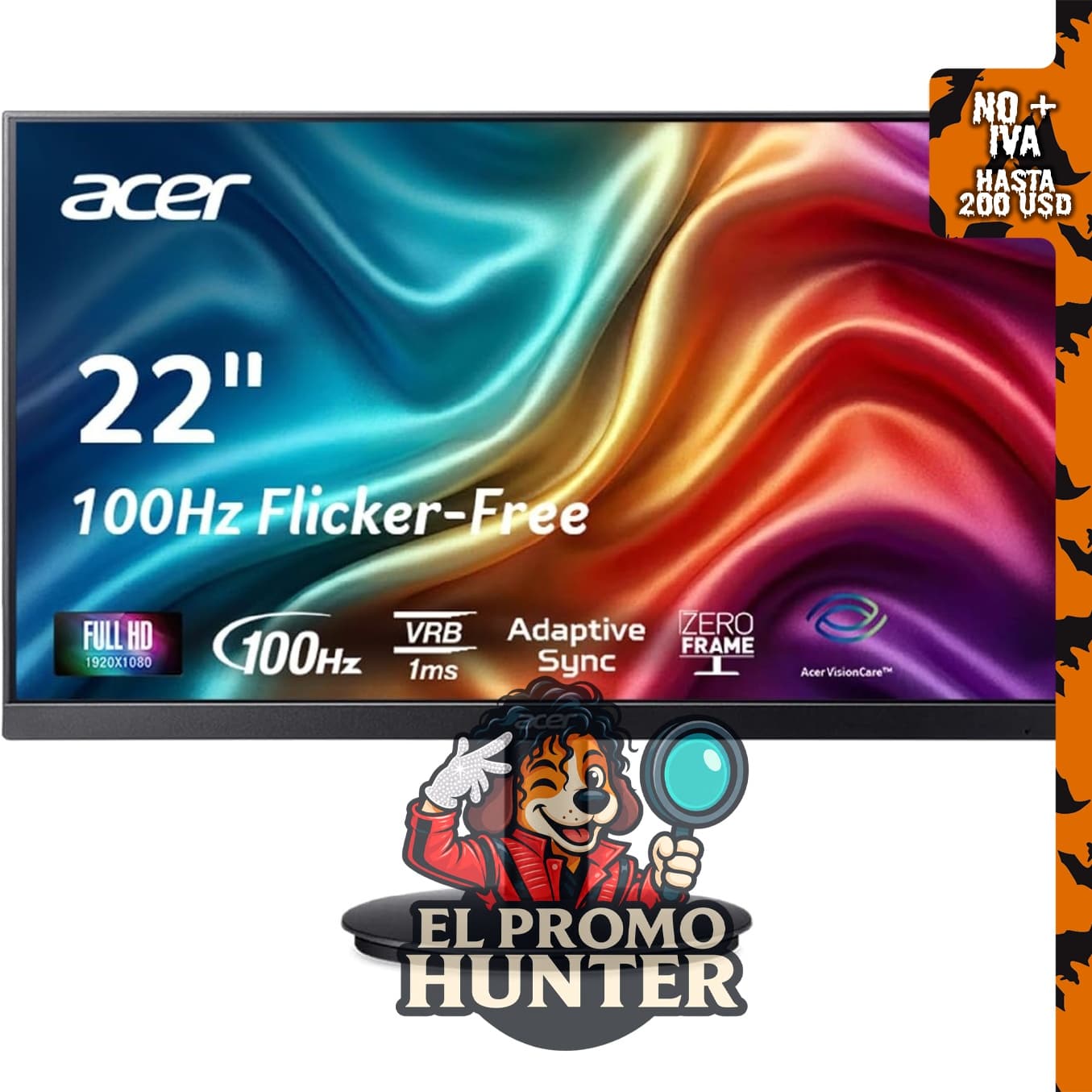 Acer KB220Q H2bi - Monitor de 21.5" (54.6 cm) Full HD (1920 x 1080) sin marco, soporte Adaptive-Sync y 100Hz.