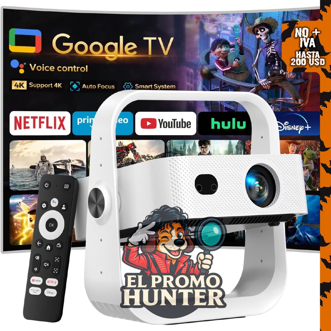 Proyector Pignynt con Google TV y aplicaciones, resolución 4K, enfoque automático AI.