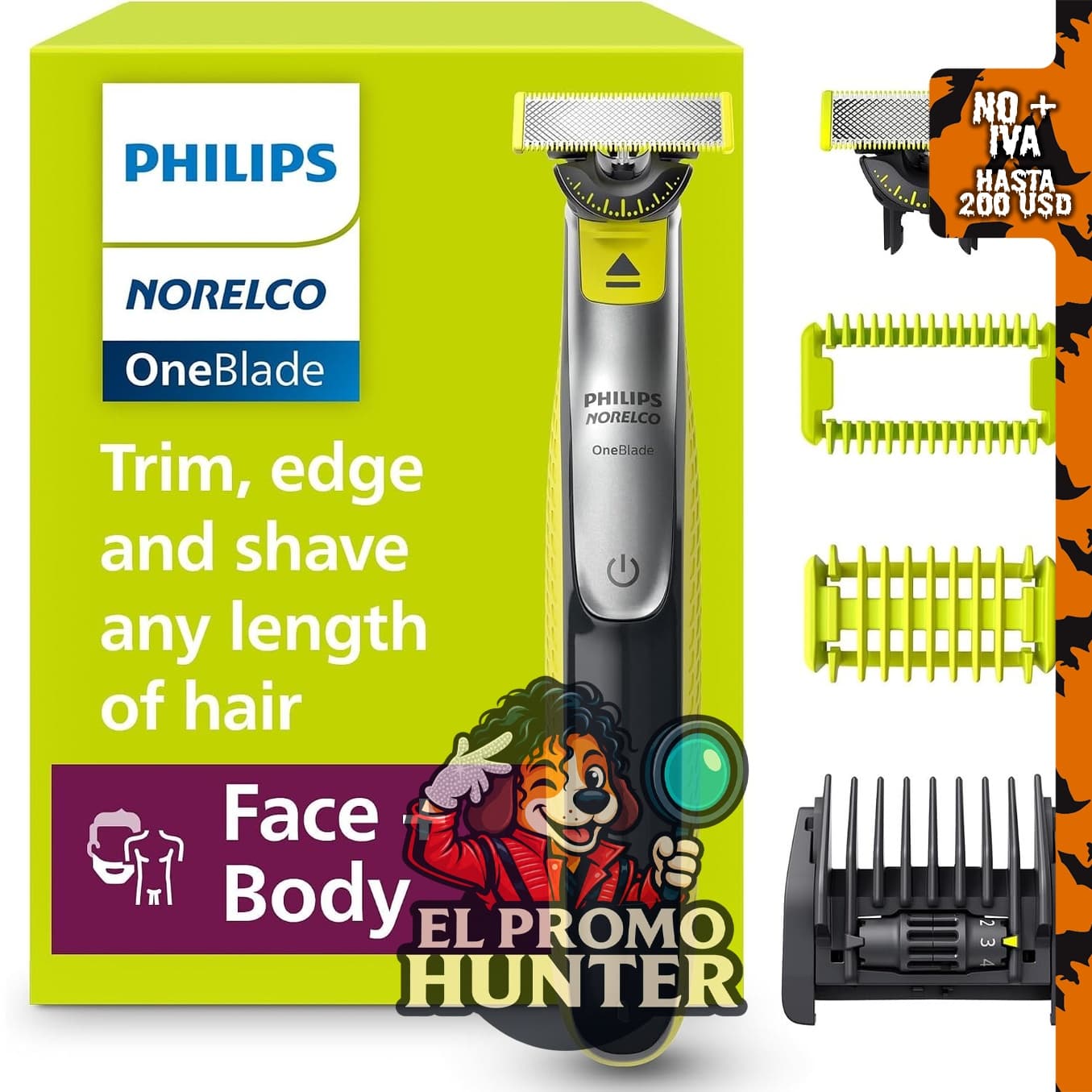 Philips Norelco QP2834/70, recortadora eléctrica 5 en 1 para cara y cuerpo.
