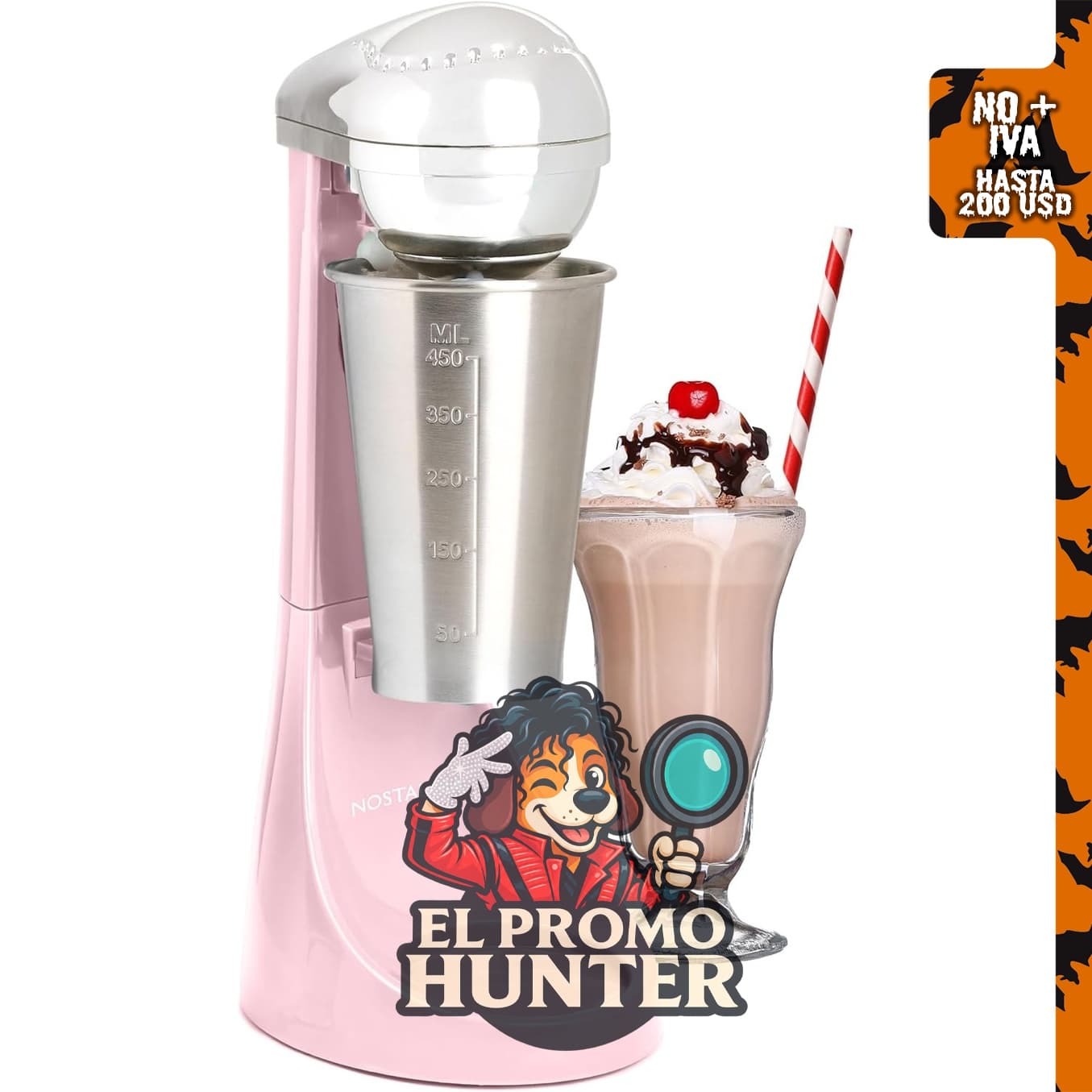 Nostalgia batidora eléctrica de dos velocidades con mezclador de bebidas, incluye taza y varilla de acero inoxidable de 16 oz (473 ml), color rosa.
