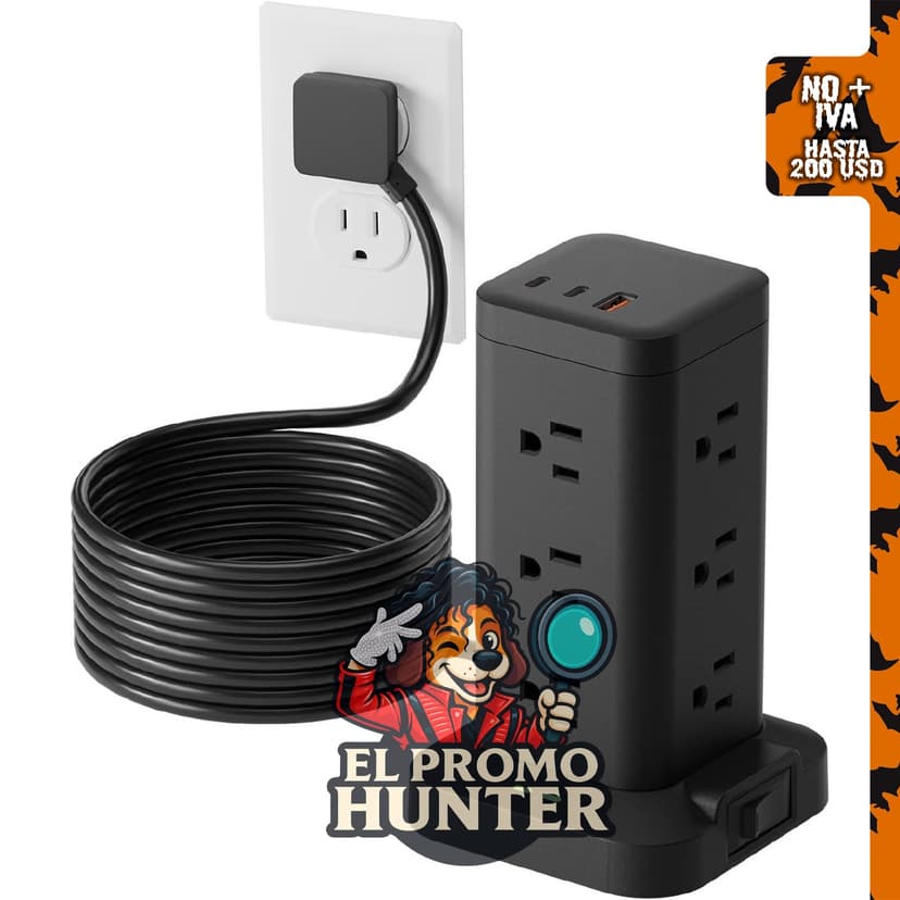 VSDRIX6G 12AC 3USB - Protector de sobretensiones en torre de 1800J, 8 pies, color negro.