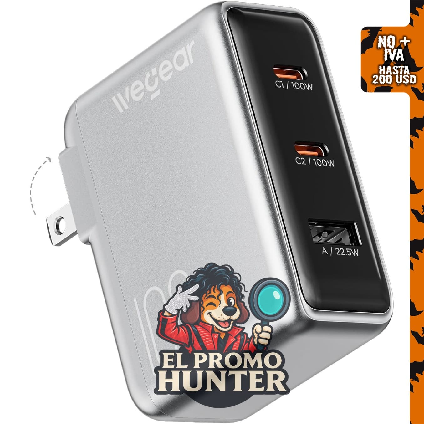 Cargador USB C de 100W GaN, plegable y delgado.