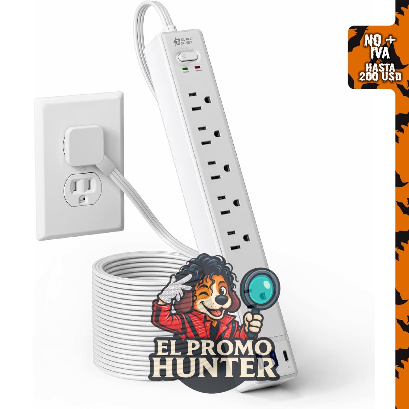 SUPERDANNY Cable de extensión de 10 pies con 6 salidas y 3 puertos USB, incluye protector de sobretensiones.