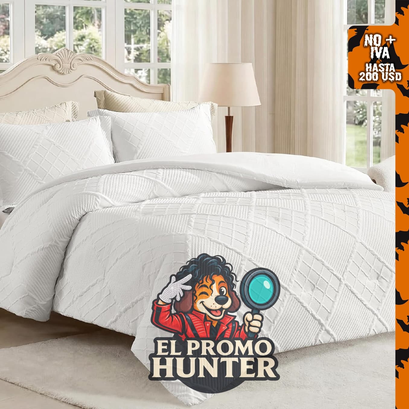 Juego de edredón Amélie Home de tamaño Queen de 3 piezas, color blanco con diseño de rombos.