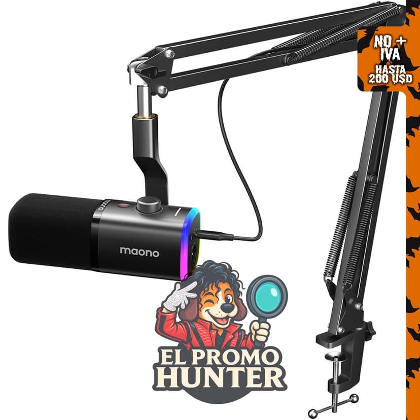 MAONO Kit de micrófono dinámico XLR/USB para PC, incluye soporte y control de ganancia.