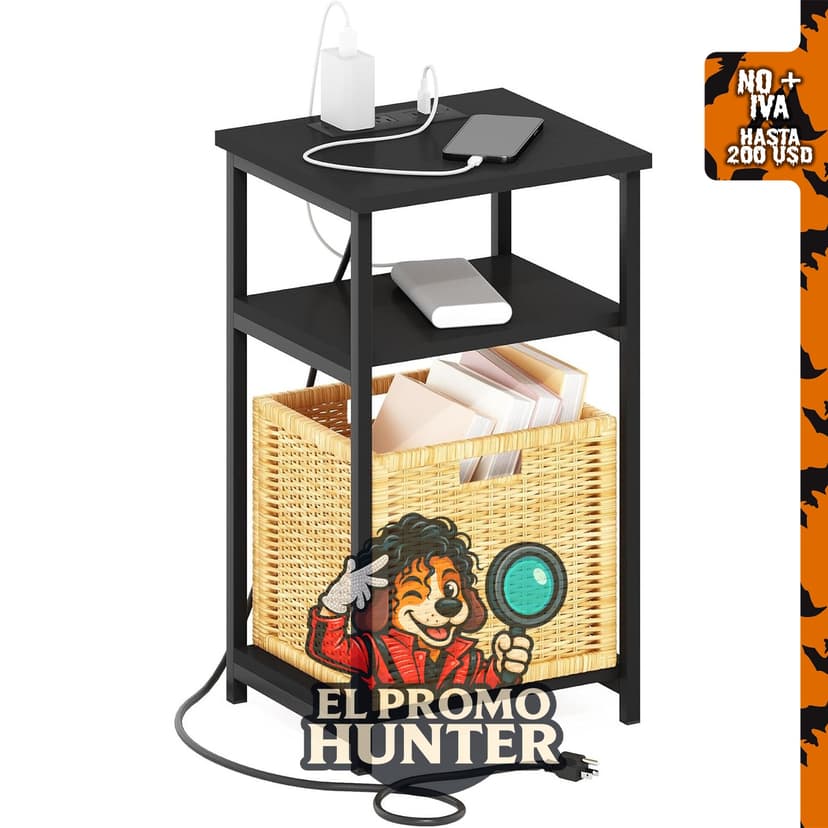Furinno Moretti Mesa Auxiliar de 3 niveles con estación de carga USB y Tipo-C, marco de metal.