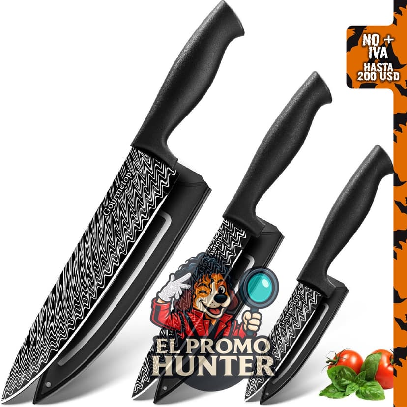 Gourmetop juego de cuchillos de cocina de 3 piezas con funda, incluye cuchillo de chef de 20 cm y cuchillo utilitario de 12 cm.