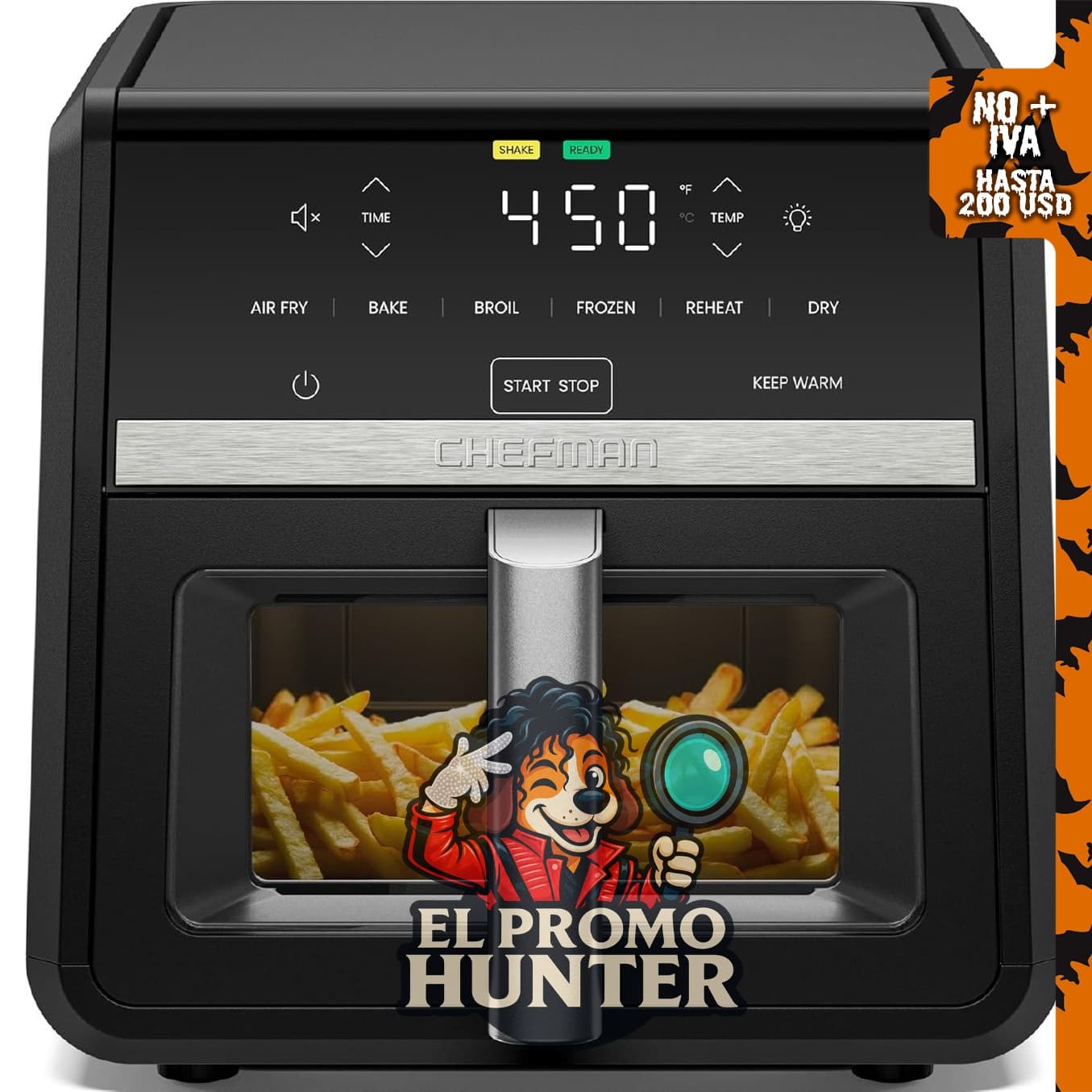 Chefman Freidora de aire TurboFry de 9 cuartos (8.5 L), 7 en 1, con cesta XL y ventana de visualización.