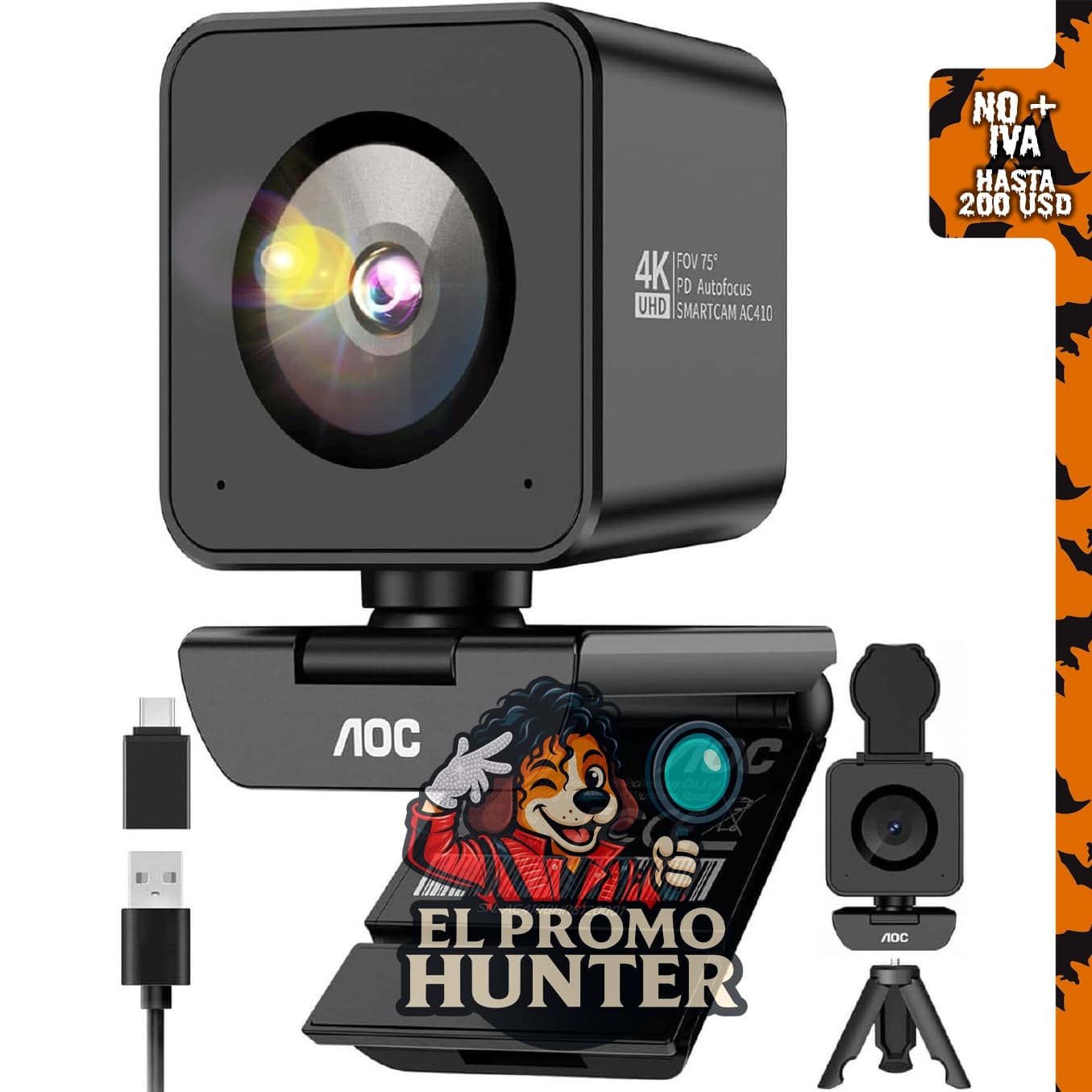 AOC Cámara web 4K para PC con PDAF y sensor Sony, diseñada para transmisión.