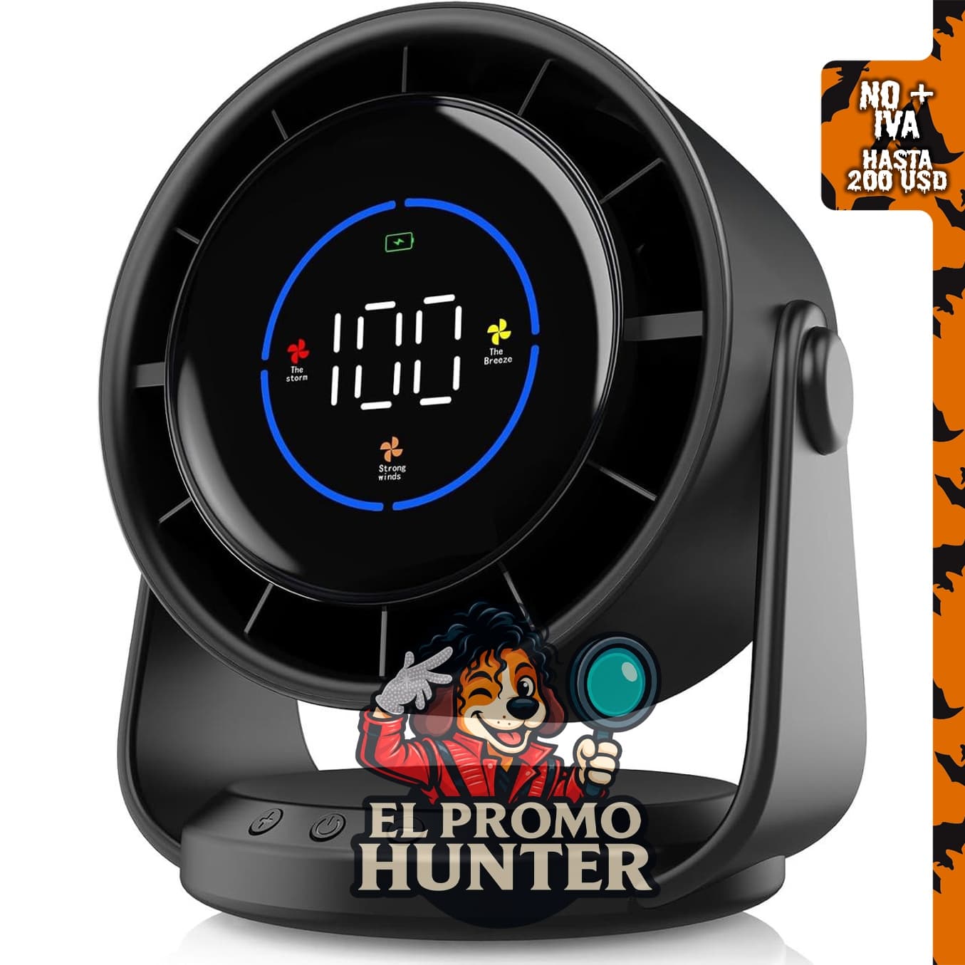 Ventilador de escritorio YOSHENMO con pantalla digital, 100 velocidades, inclinación ajustable de 105° y batería recargable.
