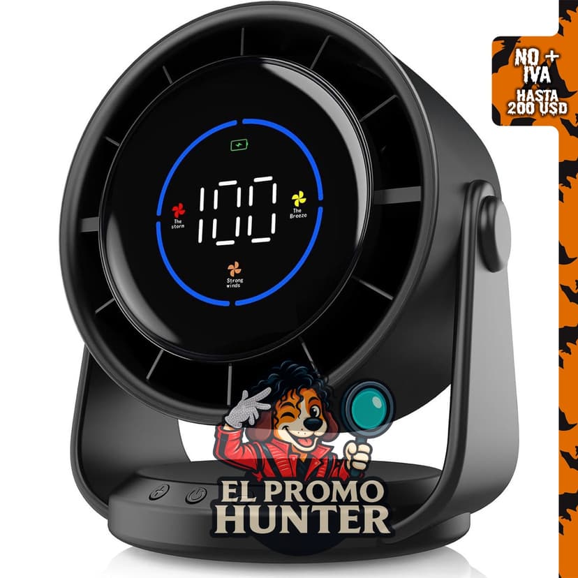 Ventilador de escritorio YOSHENMO con pantalla digital, 100 velocidades, inclinación ajustable de 105° y batería recargable.