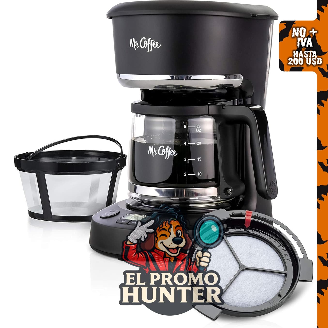 Cafetera programable Mr. Coffee de 5 tazas con jarra de vidrio y pausa automática.