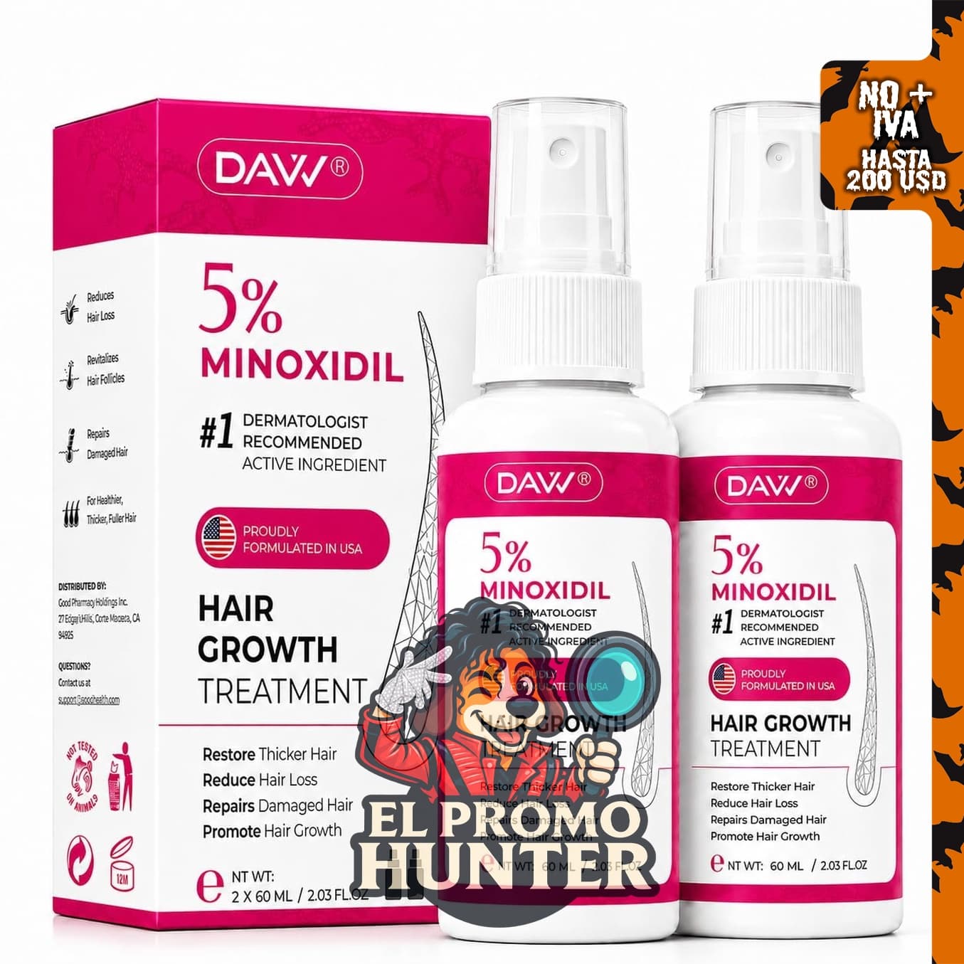 Suero de crecimiento capilar DAVV con 5% de minoxidil y biotina para mujeres.