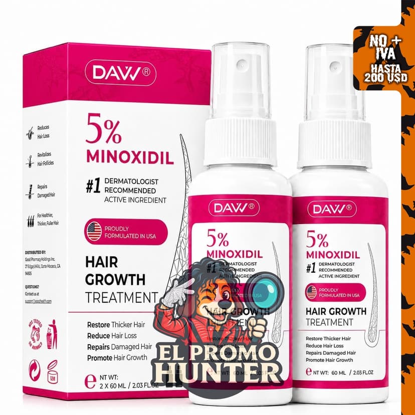 Suero de crecimiento capilar DAVV con 5% de minoxidil y biotina para mujeres.