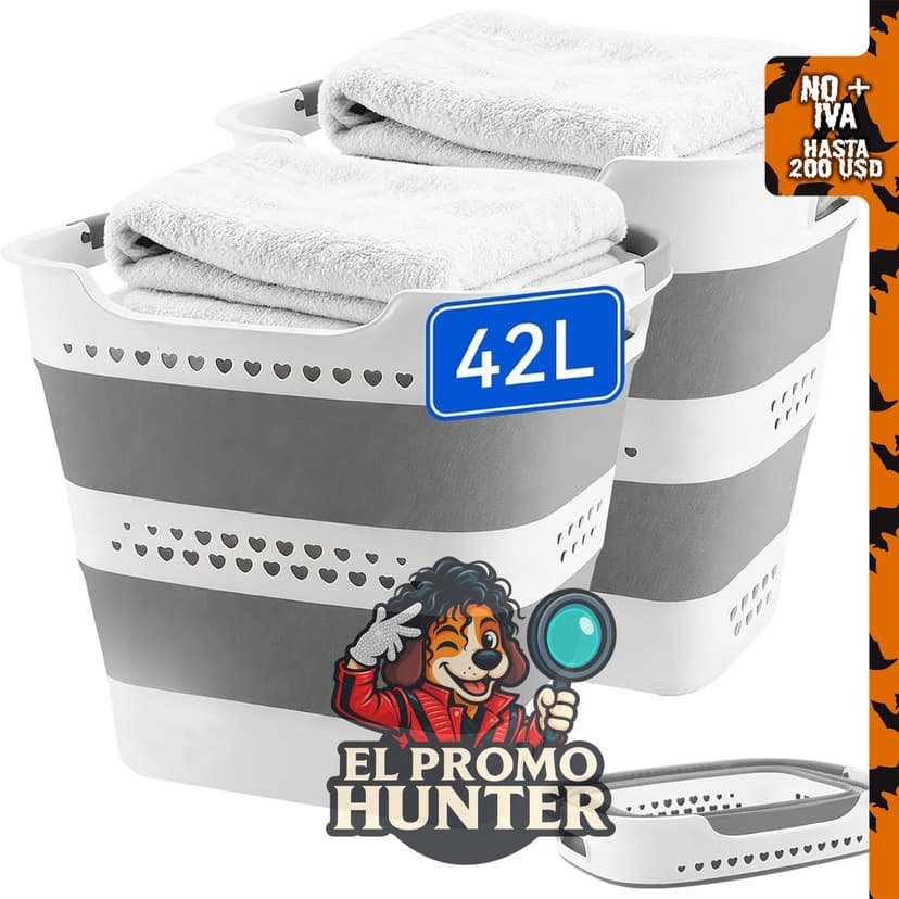 Juego de 2 cestas plegables de plástico para lavandería de 42L con asas.