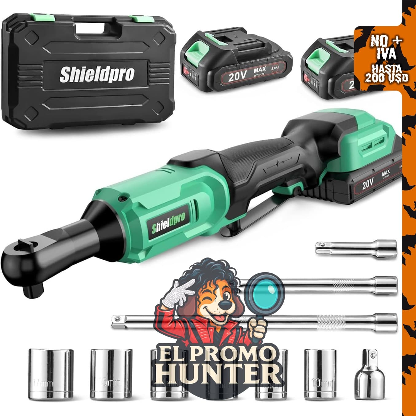 Juego de llaves de trinquete inalámbricas ShieldPro de 20 V, 3/8 pulgadas, 400 RPM, incluye 2 baterías y cargador.