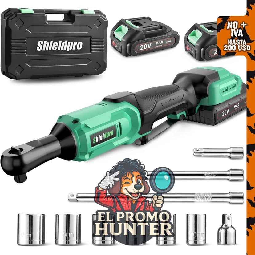 Juego de llaves de trinquete inalámbricas ShieldPro de 20 V, 3/8 pulgadas, 400 RPM, incluye 2 baterías y cargador.