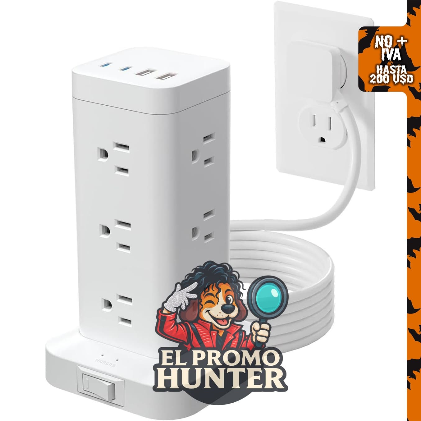 Regleta de alimentación en torre con 12 tomas y 4 puertos USB (2 USB-C), incluye protector de sobretensiones de 1800J.