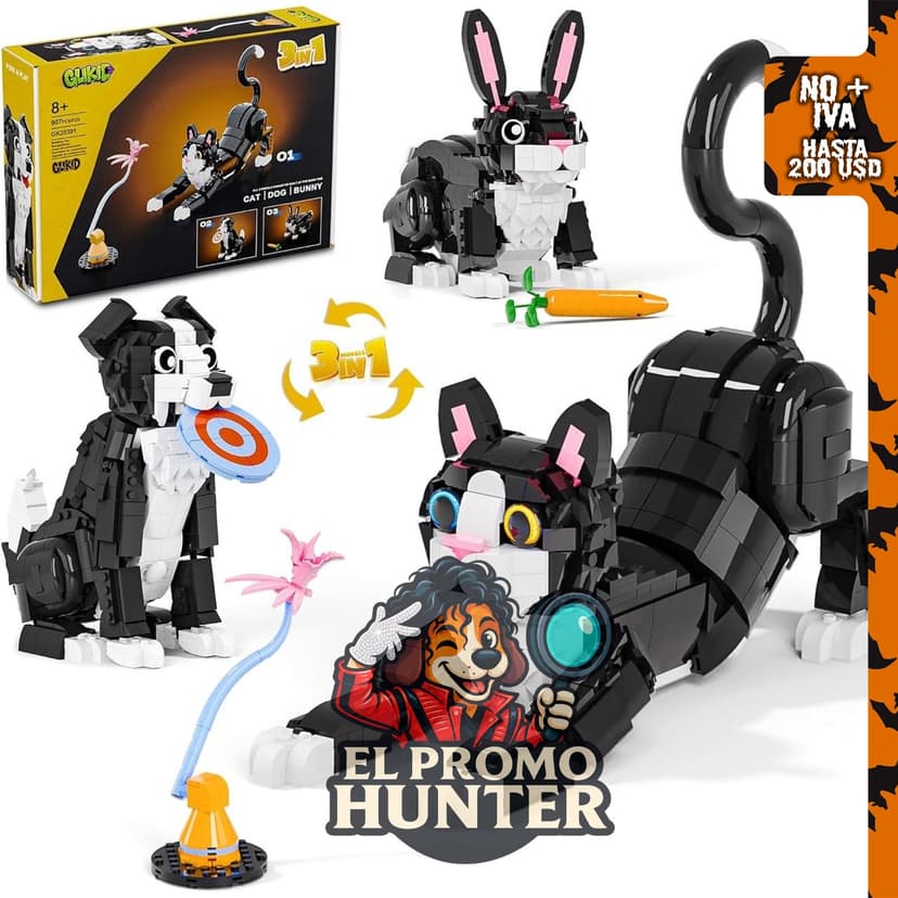 Juego de Construcción 3 en 1 de Gato con Esmoquin Animal, incluye figuras de gato, perro o conejo.