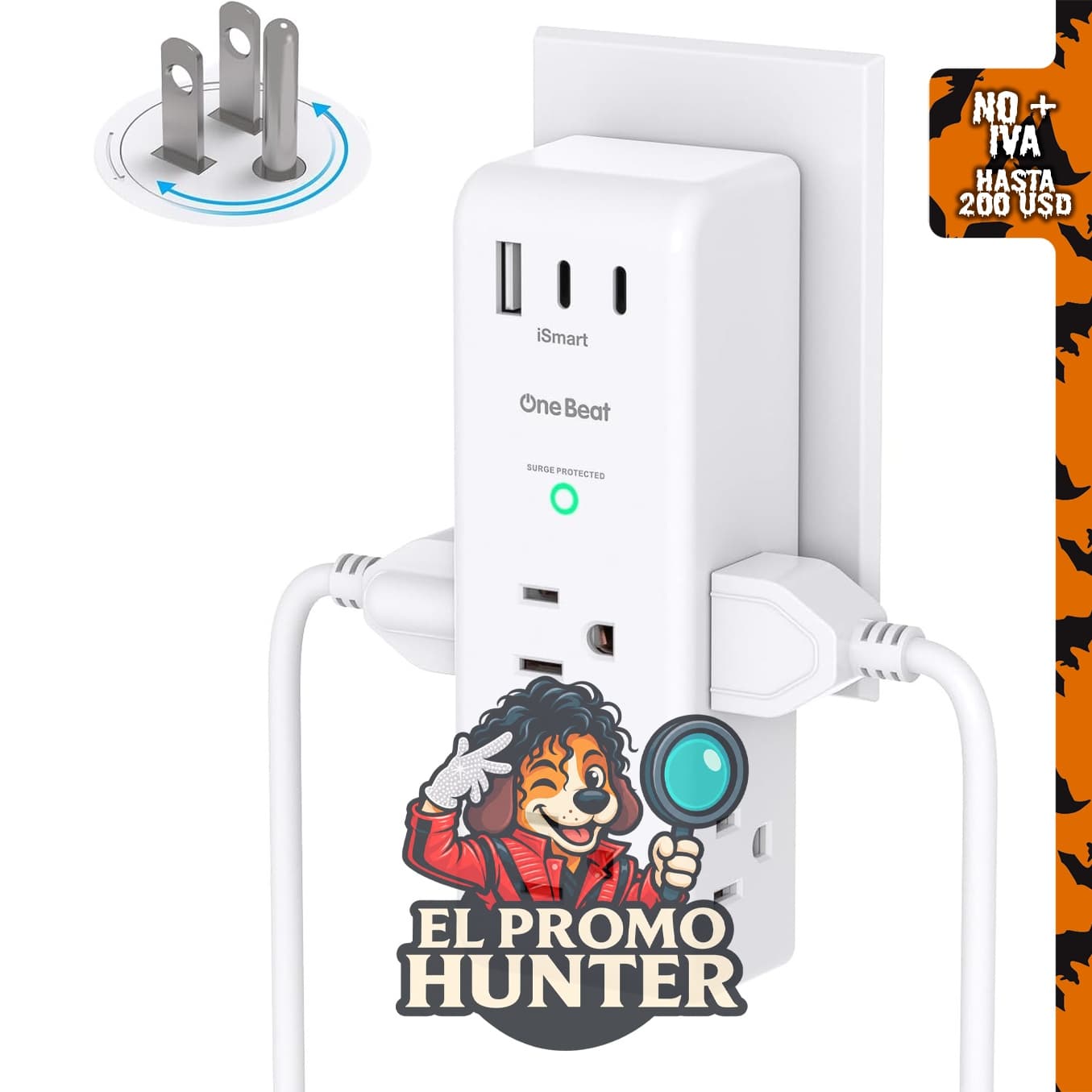 Protector contra sobretensiones con 6 enchufes AC y 3 puertos USB (2 USB C), 1800 julios.