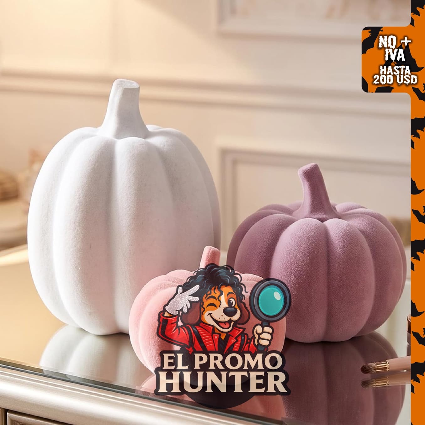 Decoración de calabazas de terciopelo, 3 piezas en colores rosa y blanco.