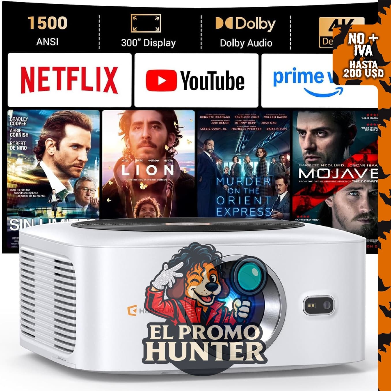 Proyector inteligente 4K con WiFi y Bluetooth, enfoque automático y sonido Dolby.