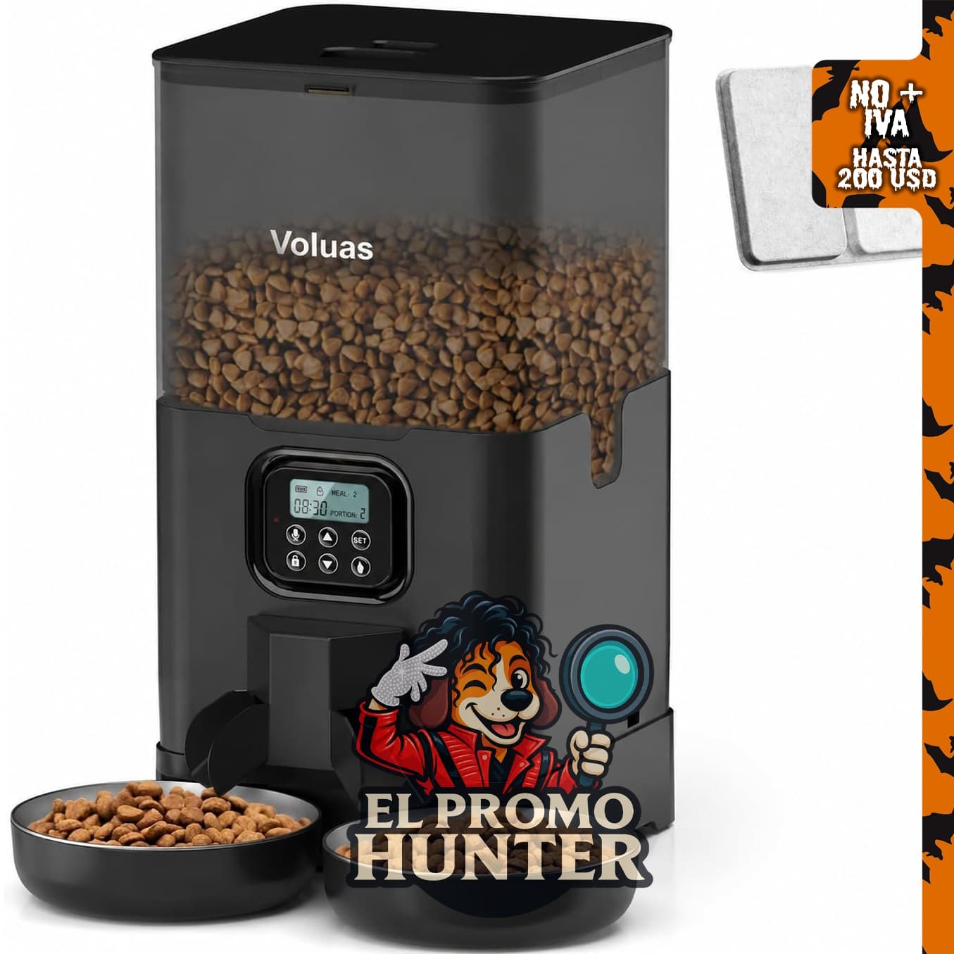VOLUAS Comedero automático para gatos, diseñado para alimentar hasta dos gatos.