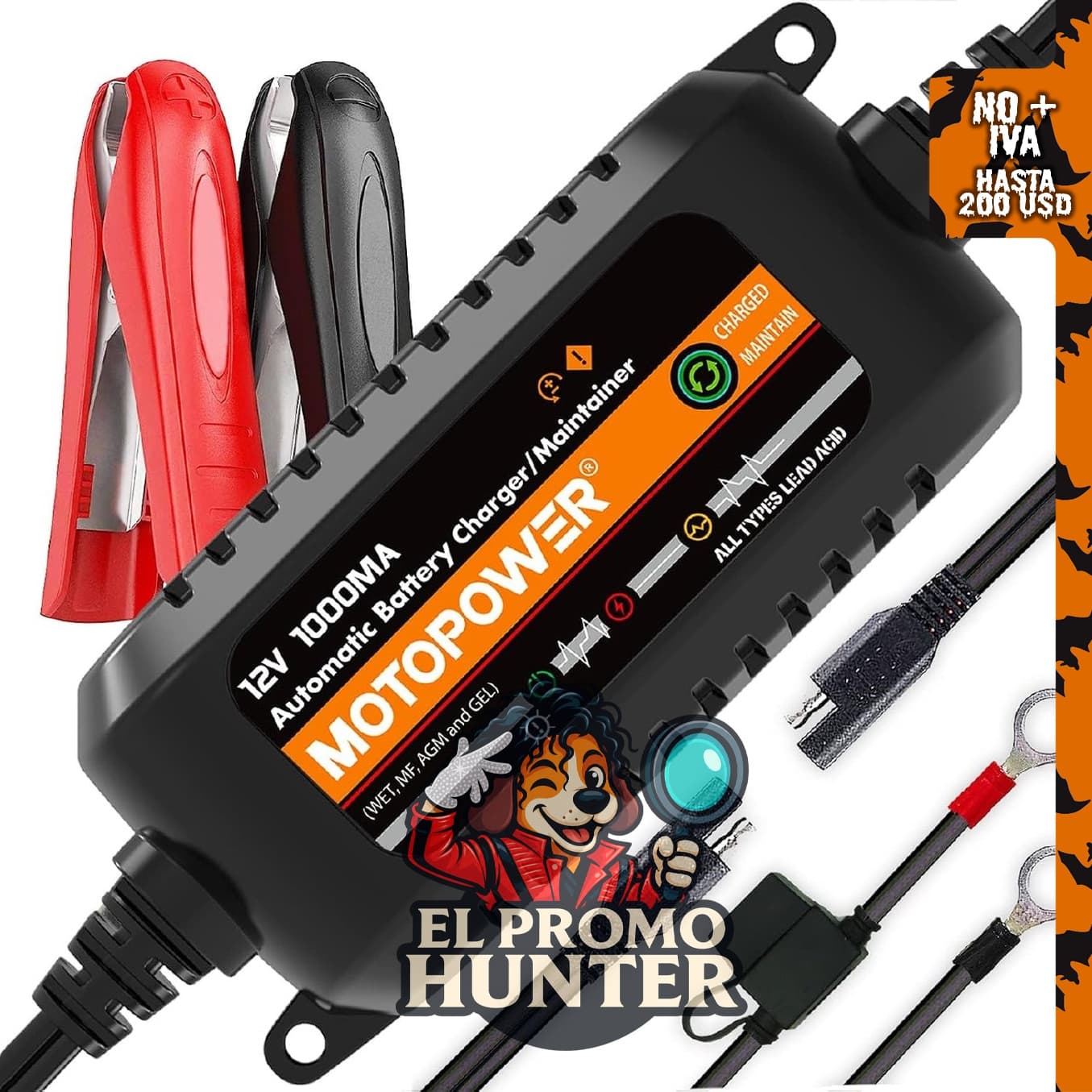 MOTOPOWER MP00205B - Cargador automático de batería de 12 V, 1000 mA, con función de mantenimiento y desulfatación.