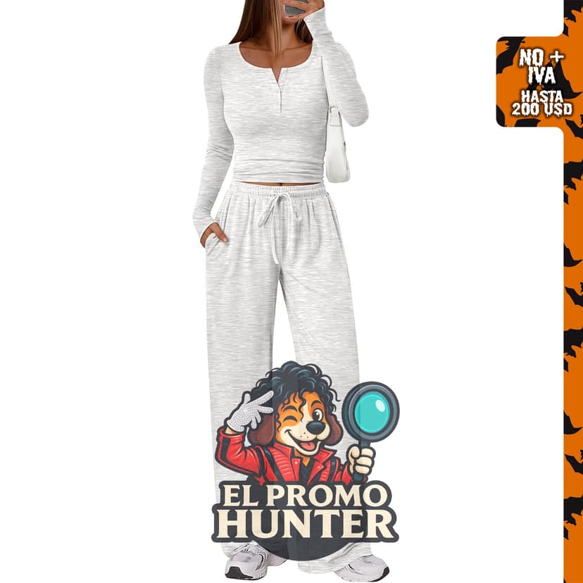 Trendy Queen conjunto de 2 piezas para mujer, incluye blusa de manga larga con cuello Henley y pantalones de pierna ancha.