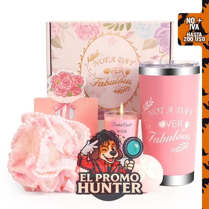 Cesta de regalo de cuidado personal prémium para mujeres, incluye productos de spa y una taza rosa.