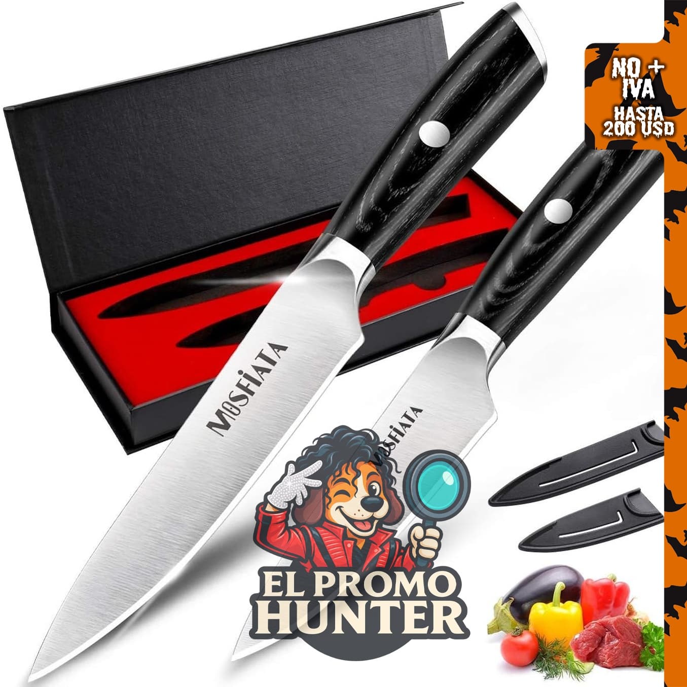 MOSFiATA juego de cuchillos de acero inoxidable alemán EN.4116, incluye cuchillo de chef de 5" (13 cm) y cuchillo de fruta de 3.5" (9 cm) con funda.