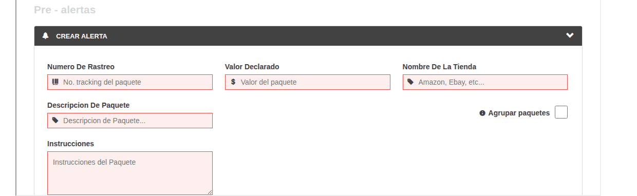 Formulario Crear alerta (prealerta) en rastreatupaquete.com