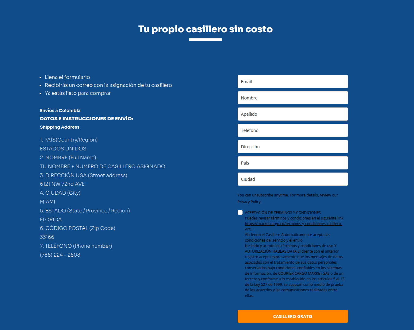 Formulario de registro del casillero gratis de Courier Cargo Market