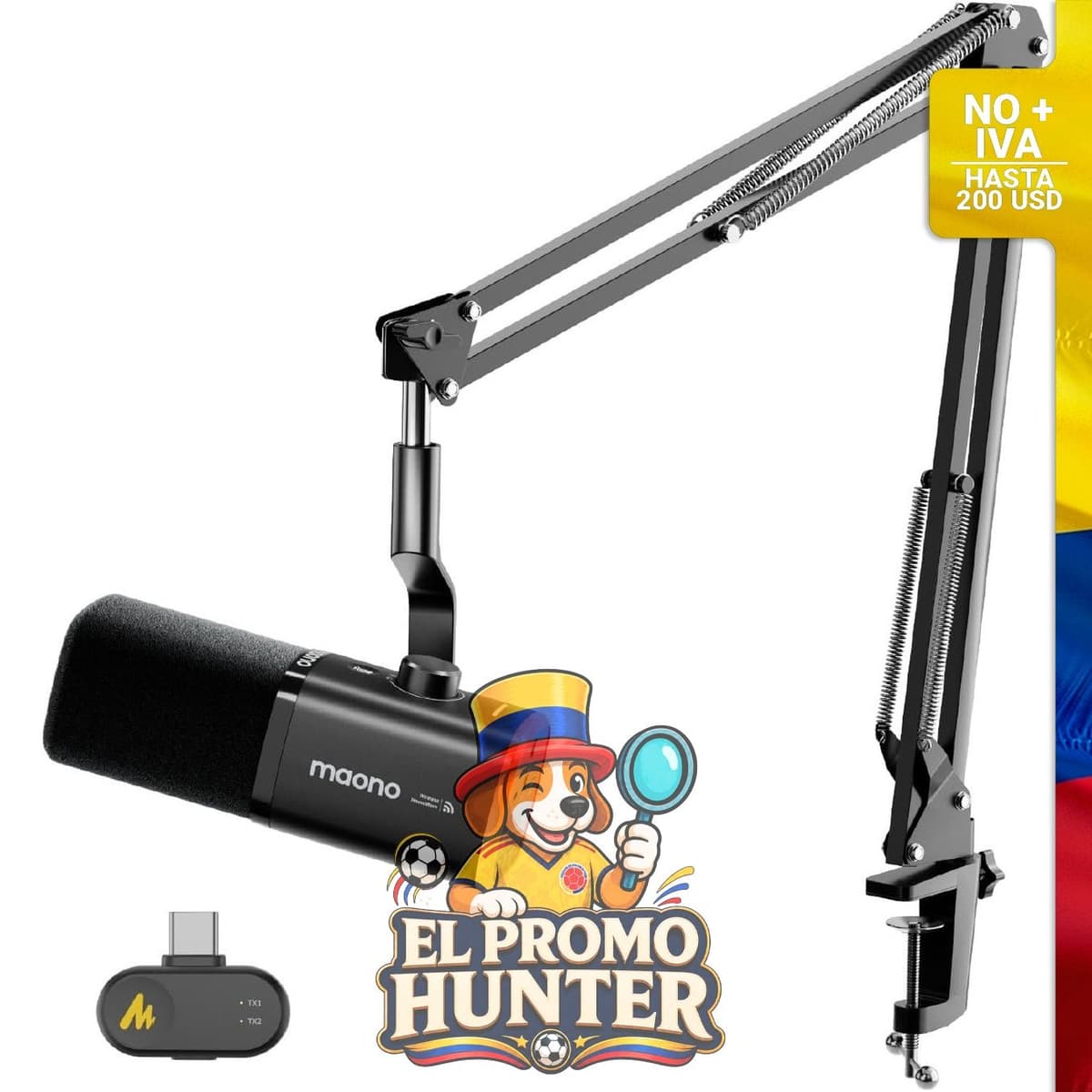 Micrófono dinámico USB inalámbrico MAONO PD100W, con reducción de ruido, botón de silencio y conector de auriculares de 3.5 mm.