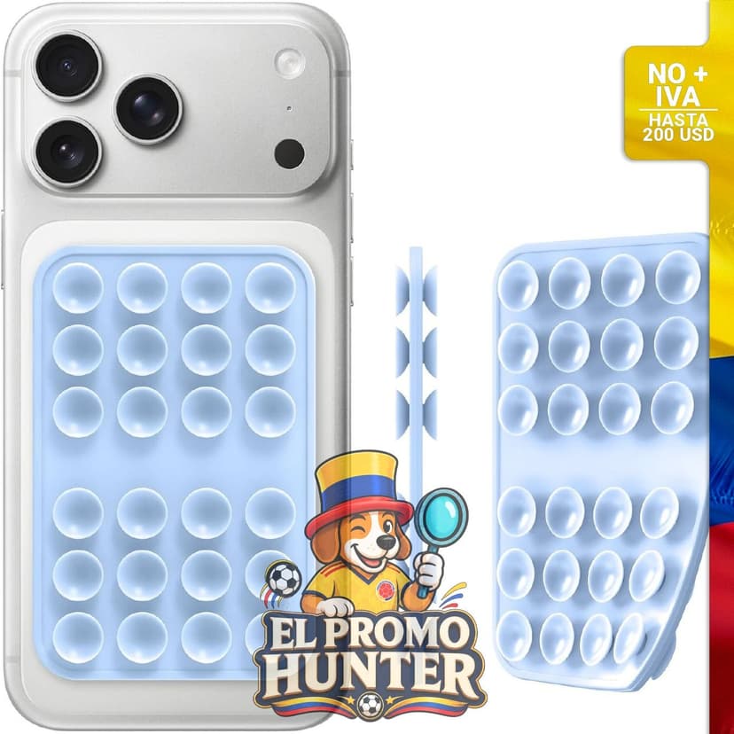 Soporte de teléfono con ventosas de doble cara para selfies y videos, compatible con iPhone y Android.