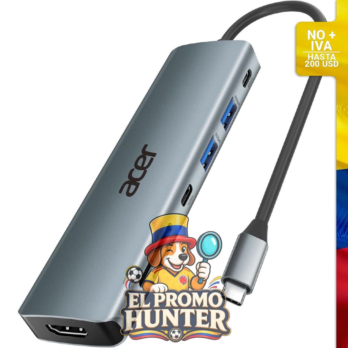 Adaptador multipuerto USB C 7 en 1 con salida HDMI 4K, 2 puertos USB A 3.1, puerto de datos Type-C y lector de tarjetas SD.
