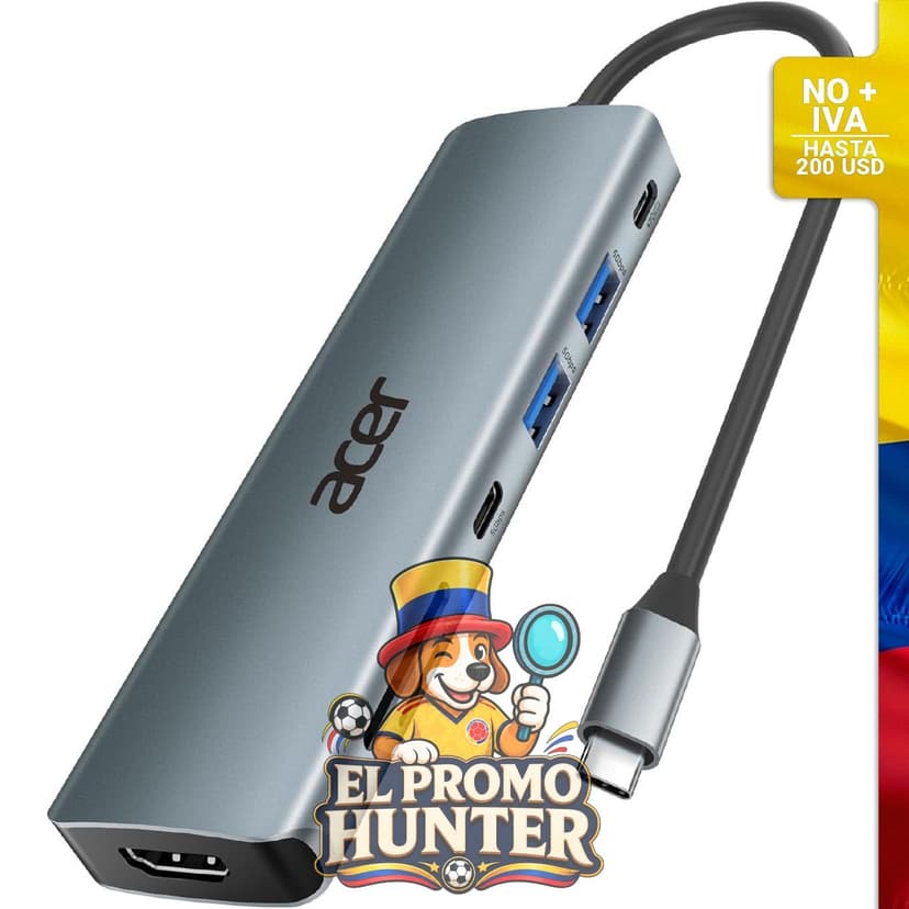 Adaptador multipuerto USB C 7 en 1 con salida HDMI 4K, 2 puertos USB A 3.1, puerto de datos Type-C y lector de tarjetas SD.