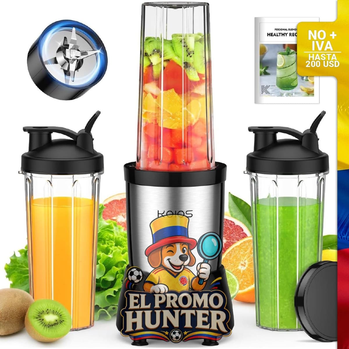 Licuadora personal KOIOS para batidos y smoothies, incluye 3 vasos de 22 oz (650 ml) cada uno.