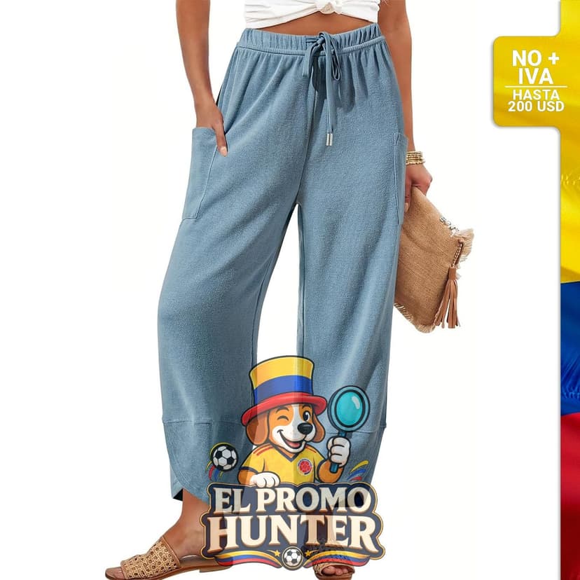 Pantalones de pierna ancha para mujer con cintura elástica y cordón, tipo palazzo, harén, y bolsillos.