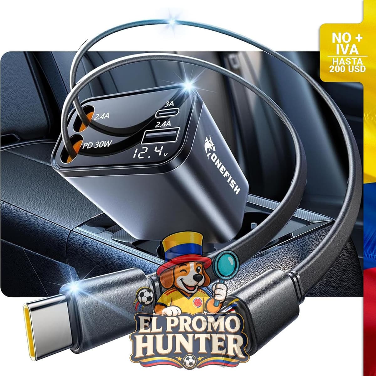 Cable retráctil de 12 V y 24 V, cargador rápido para automóvil con 4 puertos USB tipo C (PD30W+PD12W x3).