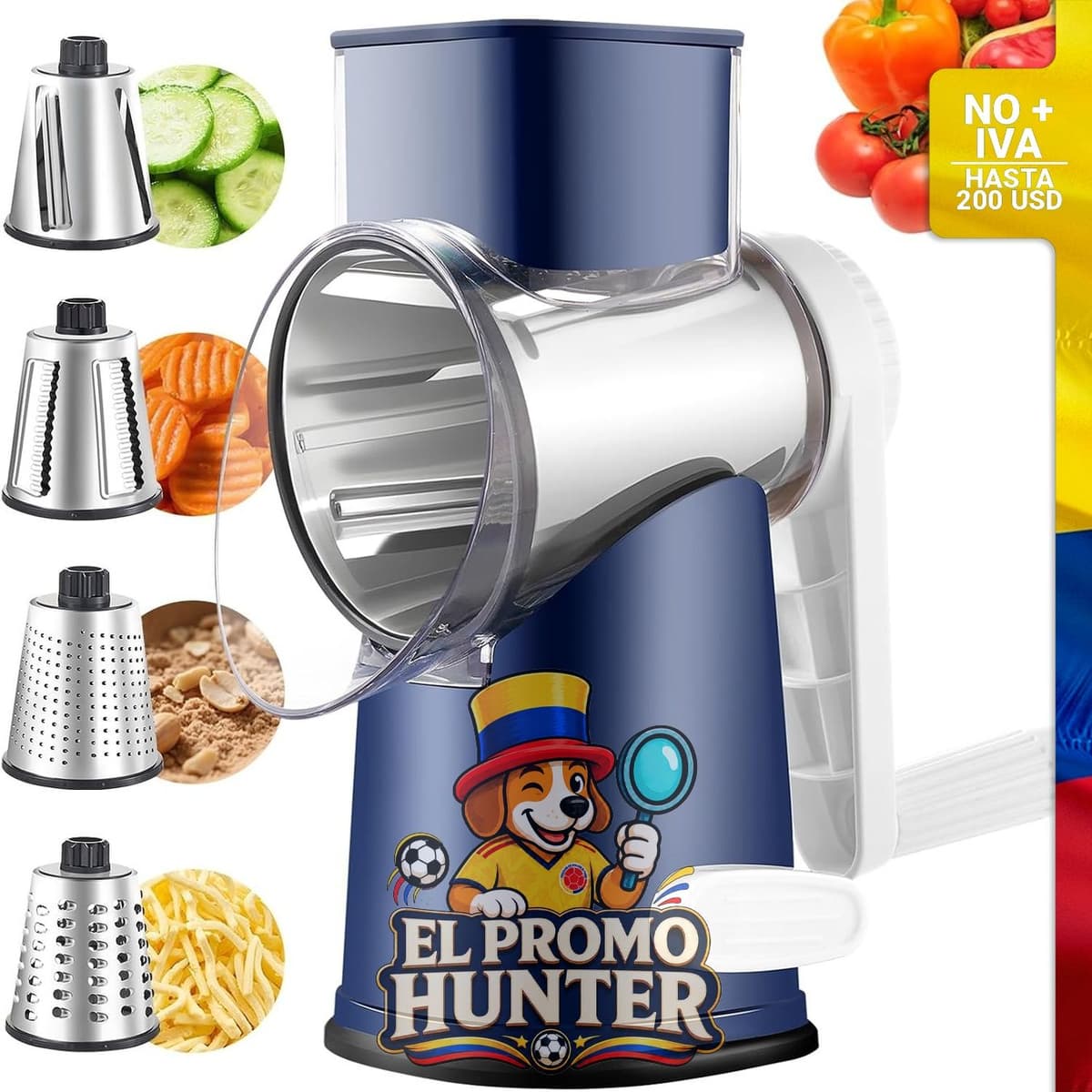 Rallador de queso giratorio con 4 cuchillas y base de succión, incluye rebanador de gofres.