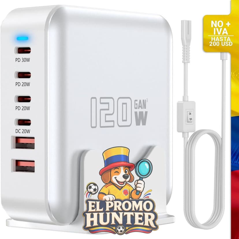 Cargador rápido USB C de 120 W, adaptador de concentrador GaN de 6 puertos.