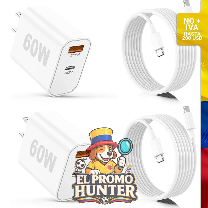 Cargador de pared USB-C de doble puerto con PD 40 W y carga rápida QC 20 W, incluye cable USB-C de 3 m.