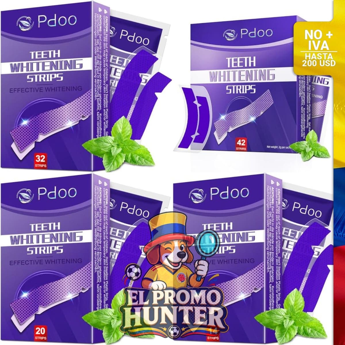 Tiras blanqueadoras de dientes moradas, 14 tiras (7 usos) con tecnología de gel corrector de color púrpura.