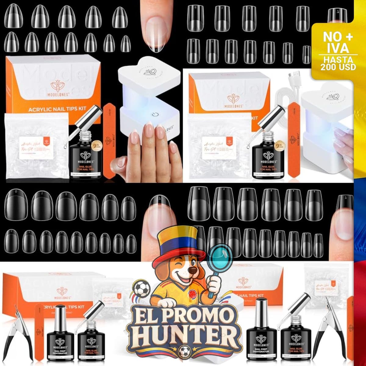 Kit de gel de uñas ovalado medio con pegamento de uñas 9 en 1 y mini luz UV, incluye 216 unidades en 12 tamaños.