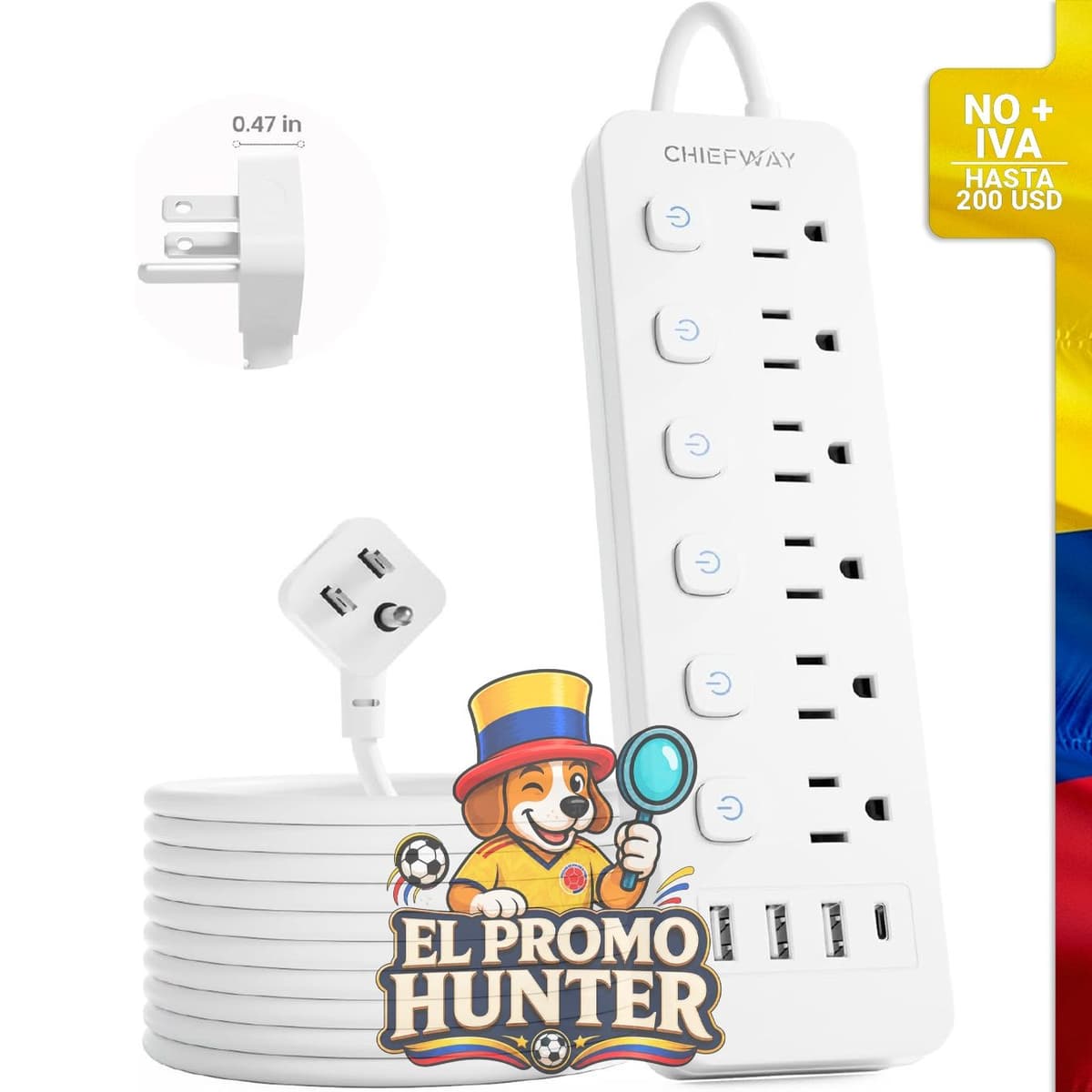 Regleta de 1.8 m con 6 tomas y 4 puertos USB.