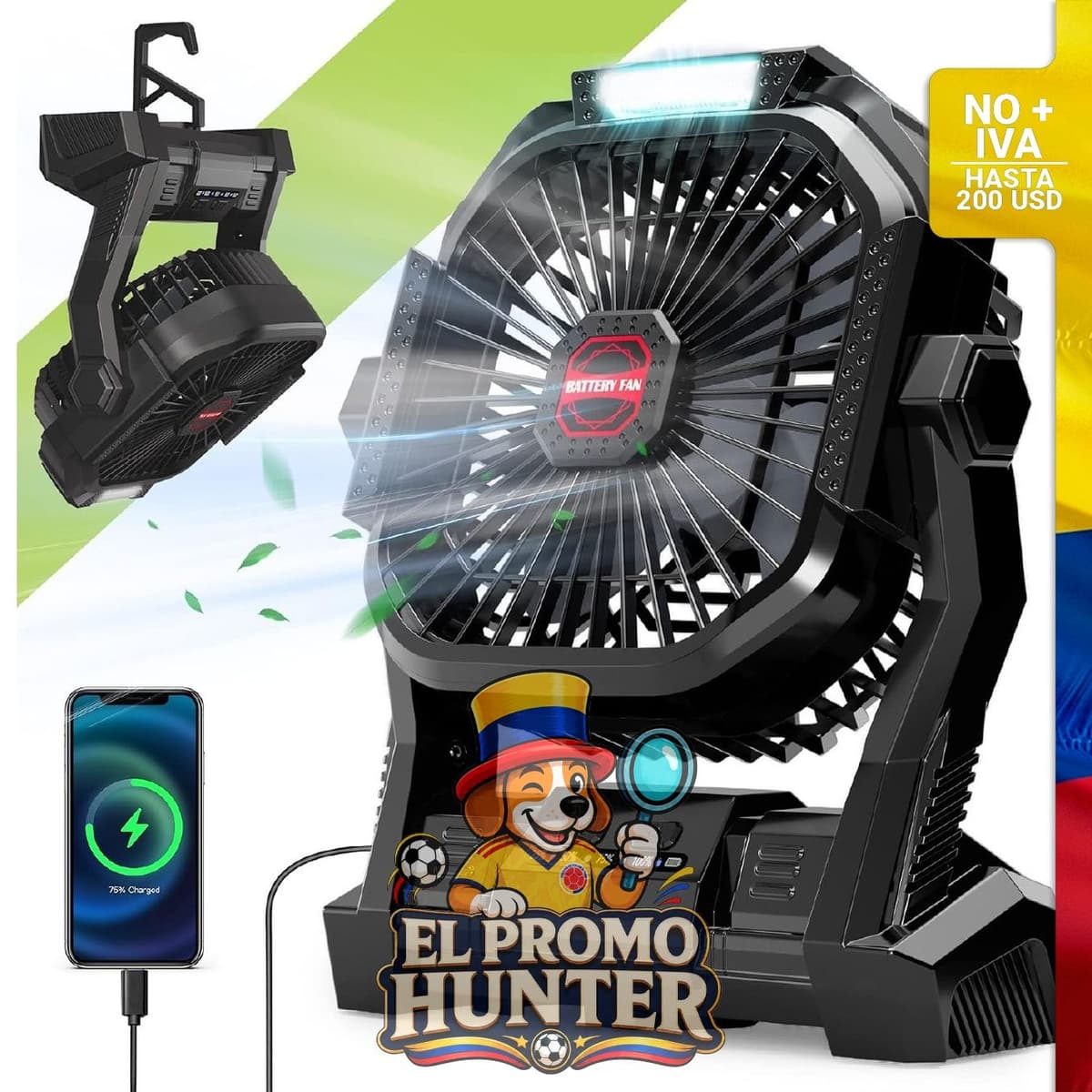 Ventilador portátil recargable de 20000 mAh con linterna LED, 4 velocidades, USB-C, para uso en camping y hogar.