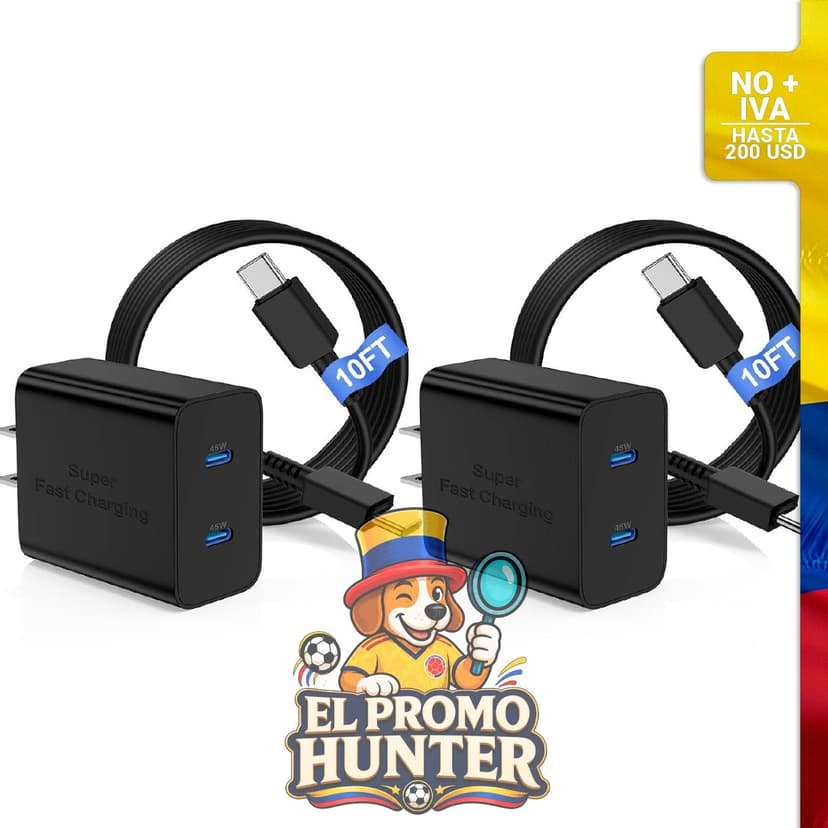 Cargador rápido de 45 W con doble puerto y cable USB C a C de 3 m.