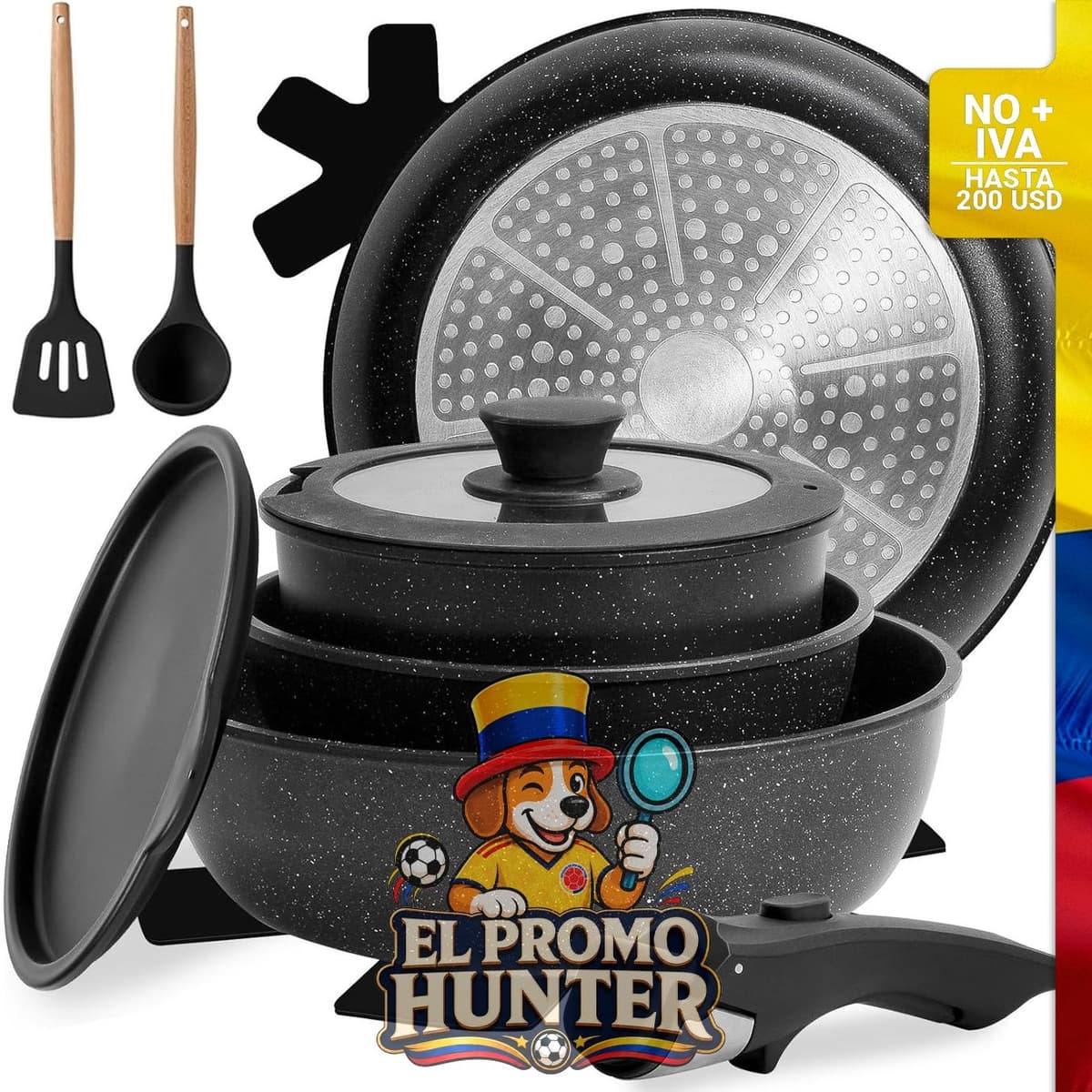 Juego de ollas y sartenes antiadherentes, 10 piezas, con mango desmontable.